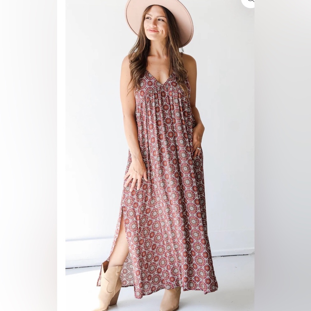Boho Floral Maxi Dress in Rust and Cream